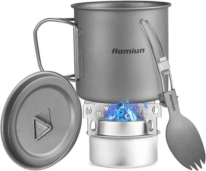 Titanium Camping Cookware 500ml Titanium Cup with Alcohol Stove, Cross Stand, Windscreen & Folding Spork, Lightweight Portable Outdoor Camping Stove and Cup Set for Backpacking Hiking