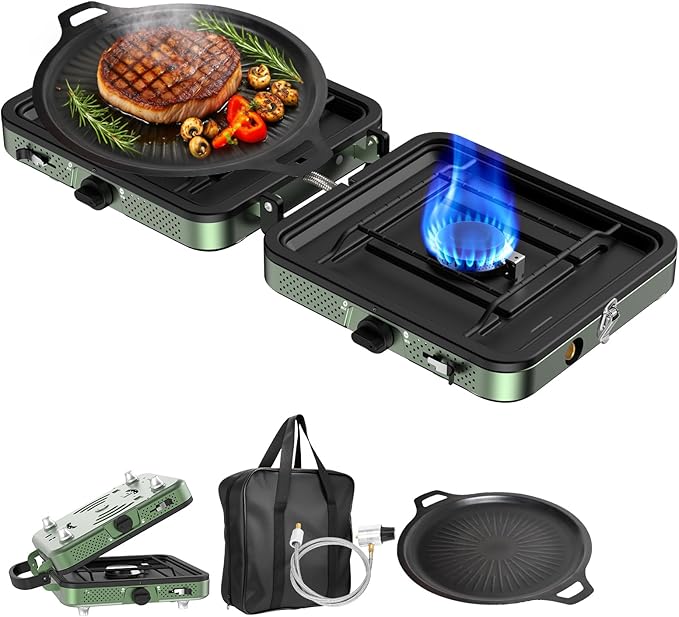 Portable Gas stove, 2 Burner Camping Stove with Griddle and Carrying Bag & Hose, 8600BTU Portable Gas Stove with Piezo Ignition & Adjustable Burners,for Camping Tailgating BBQ Essentials Gear