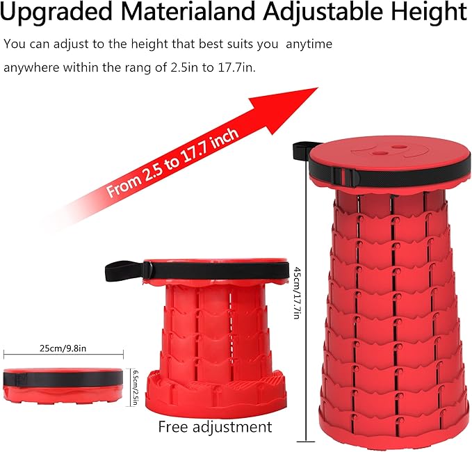 ALEVMOOM Upgraded Retractable Folding Stool Camping Stool, Collapsible Telescoping Stool for Adults, Lightweight Yet More Sturdy, Folding Seats for Camping Fishing Hiking Outdoor (red)