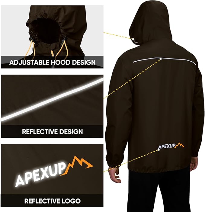 APEXUP Packable Rain Jacket Men with Reflective Zipper, Lightweight Waterproof Raincoat, Mens Rain Jacket for Outdoor Sports