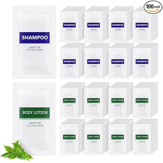 Travel Size Body Wash and Shampoo Bulk,Refreshing White Tea Scent,0.35 fl oz,Individually Wrapped Mini Shower Gel Shampoo Hygiene Kits for Travel/On The Go/Homeless Care/Hotel Guests(Pack of 100)