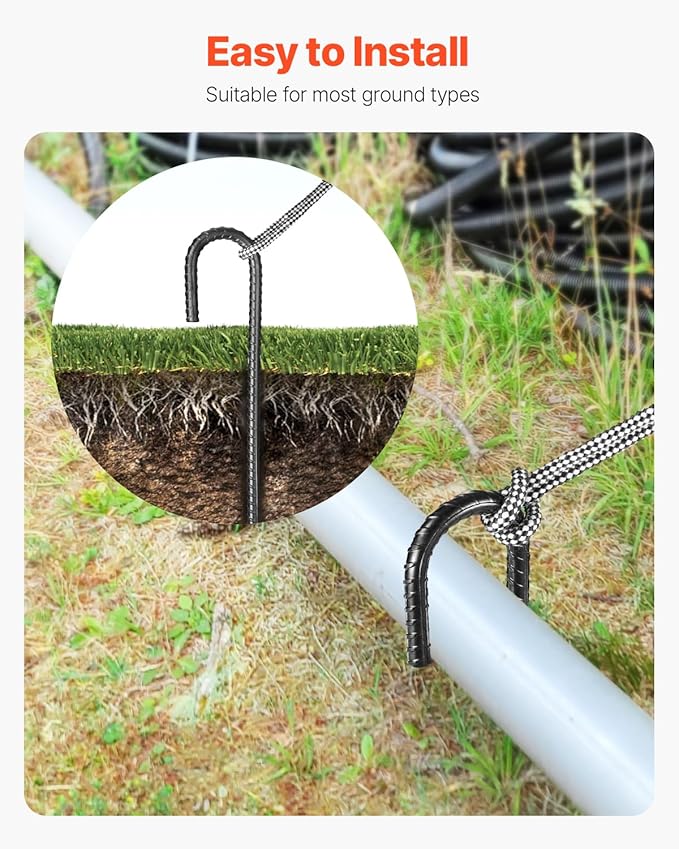 VEVOR Rebar Stakes, 12-Inch, Heavy-Duty 0.4 in Diameter J Hook, Galvanized Steel Ground Anchors with Chisel Point End & Rust-Resistant Coating, for Gardening Support, Fence, Camping Tents (16-Pack)