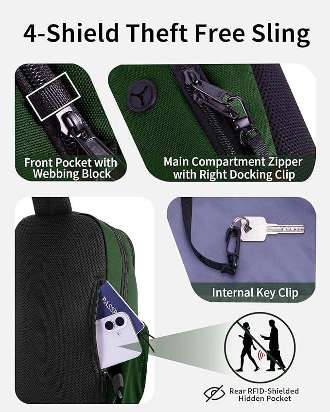 ECOHUB Crossbody Bags for Women Men, Anti-Theft RFID Blocking Roomy Sling Backpack with Sturdy SBS Zippers Water Resistant Chest Shoulder Bag Daypack with 9 Pockets Casual Outdoor Hiking, Army Green