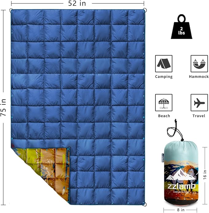 zzlamb Camping Blanket, Outdoor Lightweight Travel Blanket Puffy Portable Down Alternative, Windproof Warm Cloak with Snaps, Cozy Quilt Backpacking Picnic RV Plane Car Hammock Beach Climbing