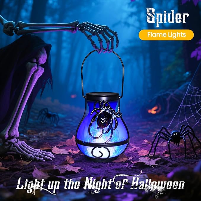 2 Pack Halloween Lights Outdoor Spider Hanging Solar Lantern Flickering Flame Lights Garden Patio Porch Halloween Party Decoration
