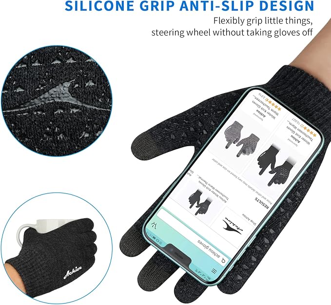 Achiou Winter Gloves, Glove for Men Women, Upgraded Touch Screen Texting Warm Running with Thermal Soft Knit Lining