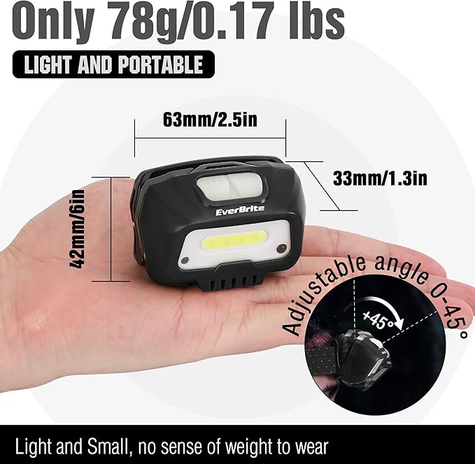 EverBrite Rechargeable Headlamp, LED Bright Motion Sensor Head Lamp Flashlight with 6 Modes, Adjustable Headlight for Adults with White Red Light, Water Resistant, Black, for Hiking, Running, Camping