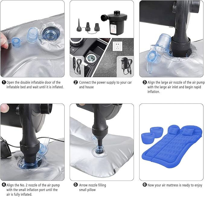 ISWEES Car Bed SUV Air Mattress, Car Air Mattress with Home Power Adapter, Electric Pump, 2 Inflatable Pillows and 2 Footrests for Back Seat, Side Seat,Trunk Sleeping, Thickened Camping Bed - Blue