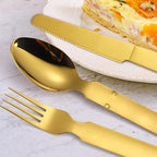 Picnic Silverware Gold Camping Cutlery Fork Knife Spoon Bottle Opener 4 Pieces Flatware Utensil Kit Foldable for Outdoor Kitchen Daily Use Easy To Clean