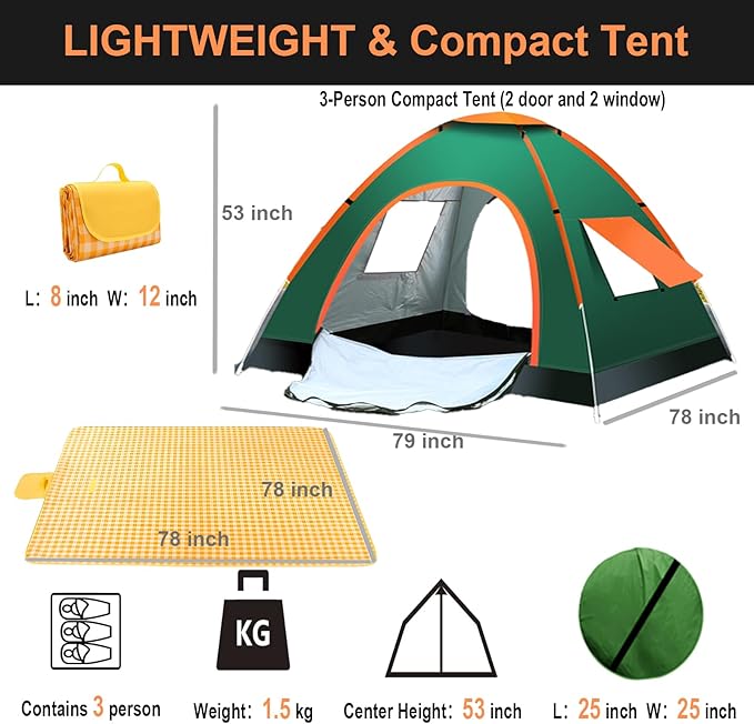 Pop Up Compact Camping Tent, Instant Pop Up Tent with Picnic Mat, Portable Automatic Waterproof Easy Setup Quick-Open Tent, Outdoor Camping Beach Travel