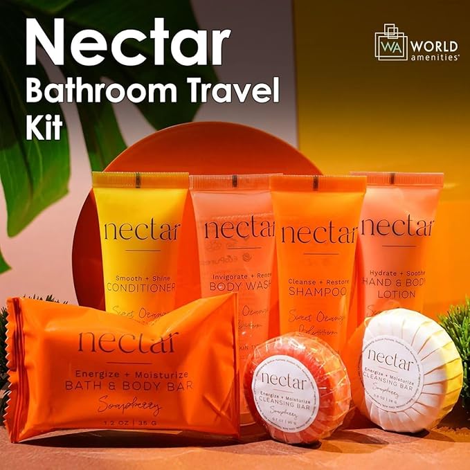 World Amenities - Nectar Mini Travel Size Toiletries Bathroom Kit | Sweet Orange Blossom| Shampoo, Conditioner, Body Wash, Lotion, Two Round Cleansing Bars & Body Bar (Pack of 2)