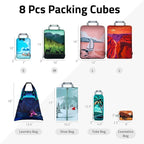 Set of 8 compression packing cubes for travel accessories- Expandable bags for clothing, toiletry, backpacks, organizing essentials (Holiday)