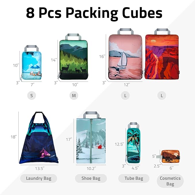 Set of 8 compression packing cubes for travel accessories- Expandable bags for clothing, toiletry, backpacks, organizing essentials (Holiday)