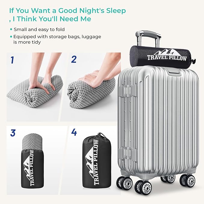 Travel Pillow Memory Foam Pillows, Camping Pillow-Compressible Medium Firm, Breathable Cover, Ideal Backpacking Hiking, Bed Pillows, Airplane and Car (Light Grey, L)