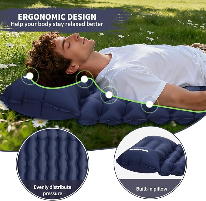 Camping Sleeping Pad, Connectable Design for Double Mat, Ultralight Inflatable Sleeping Mat with Pillow, Built-in Foot Pump, Portable Camping Air Mattress for Backpacking Hiking Tent (Navy)