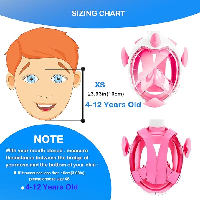 Kids Snorkel Mask, Full Face Snorkel Mask for Kids 4-16, 180 HD View Anti-Fog Anti-Leak Snorkel Mask for Kids Snorkel Set Snorkeling Gear for Kids