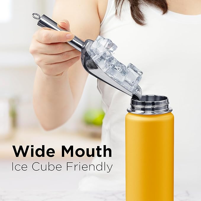 ThermoProof Insulated Water Bottle – Stainless Steel, Wide Mouth, Flip & Spout Lids, Leakproof, Dishwasher Safe, Reusable – Keeps Drinks Hot or Cold – for Adults & Kids – 18oz, Amber