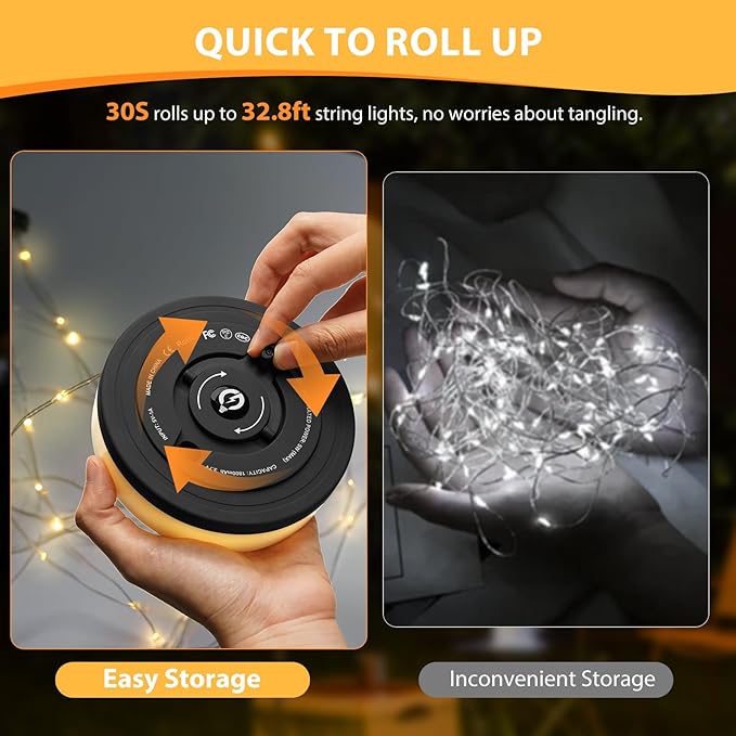 2Pack Camping String Lights, 4 in 1 Quick Storage Camping Essentials Gear 32.8FT Rechargeable Tent Lights with 9 Modes Warm +RGB Waterproof Camp Lamp for Hiking Patio Garden Festival Outdoor Decor