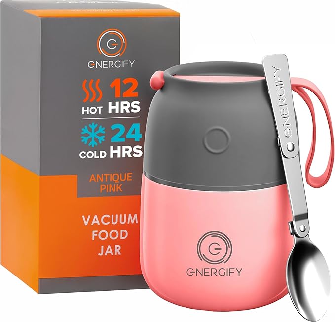 Vacuum Insulated Food Jar. Large 12oz Bowl incl. Folding Spoon, Cup. Wide Mouth Keep Hot & Cold Drinks Soup thermo Lunch Container for Adults. BPA-Free Stainless Steel, Leak Proof Antique Pink