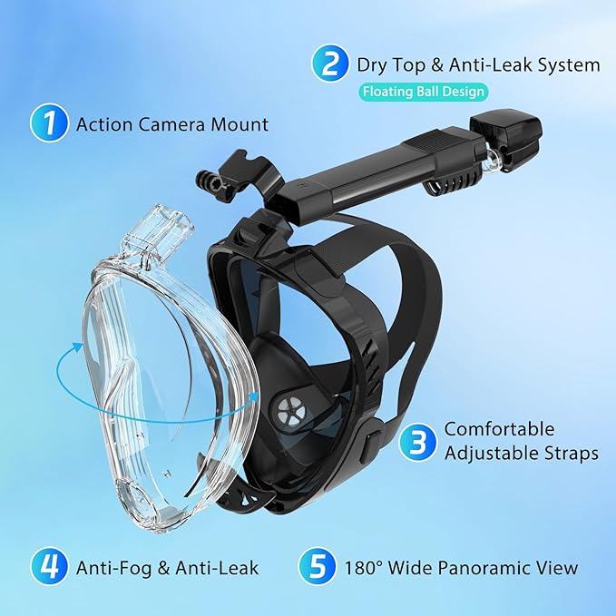 Snorkeling Gear for Adults, Full Face Snorkel Mask, Scuba Diving Mask with Detachable Camera Mount, 180 Degree Panoramic View Anti-Leak Anti-Fog