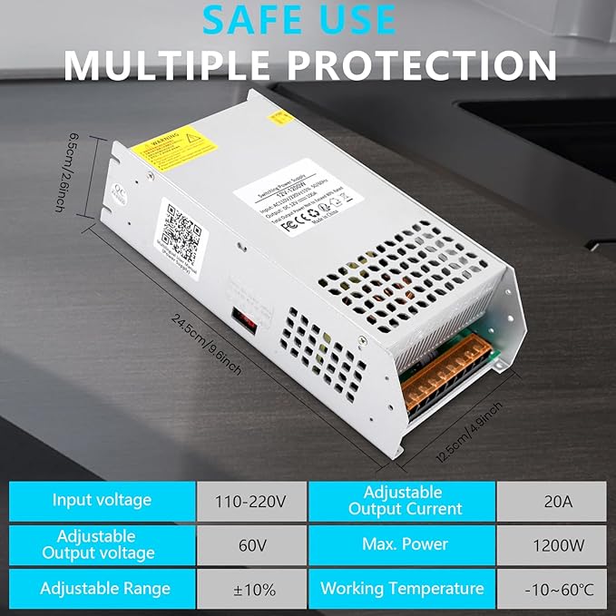 DC 60V 20A 1200W Power Supply 110V AC to DC 60V Converter 1200W Switch Power Supply Transformer for 60Volt Drive Sensor System Lamp Meter Controller Servo Electric Motor