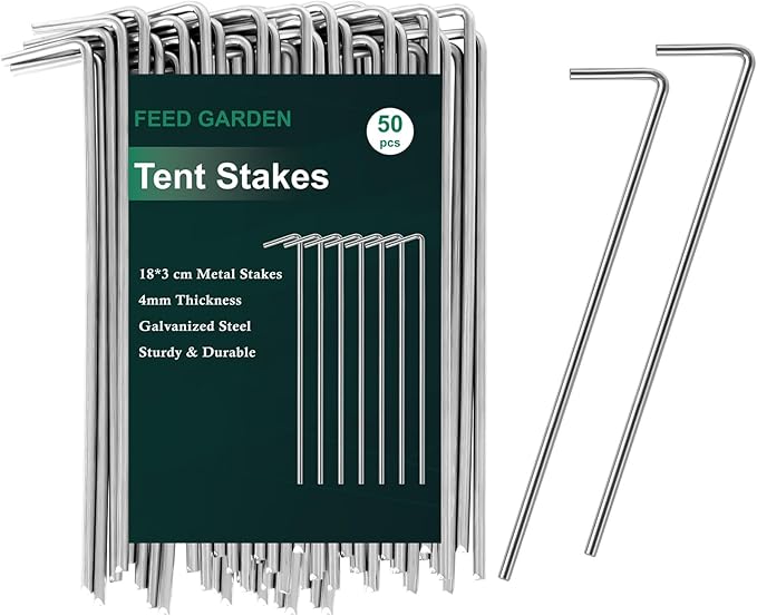 FEED GARDEN 7 Inch Tent Stakes 50 Pack Yard Inflatable Stakes for Outdoor Decorations Metal Pegs Heavy Duty Garden Hooks Camping Tent Spikes for Canopies, Tarp and Outdoor Christmas Decorations