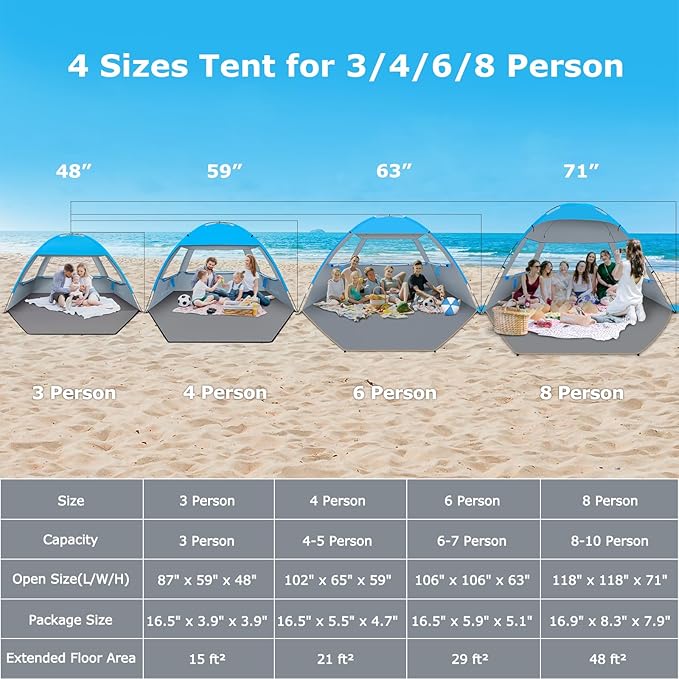 Venustas Beach Tent Sun Shelter for 3/4-5/6-7/8-10 Person, UPF 50+ UV Protection Beach Canopy, Lightweight and Easy Setup Cabana, Portable Shade Tent