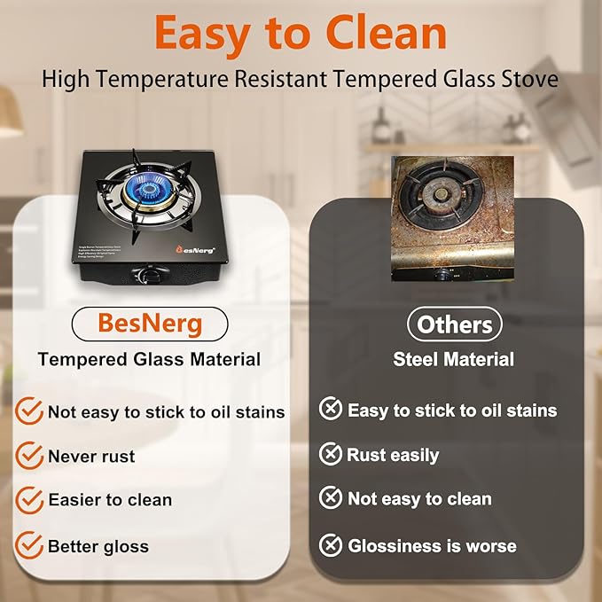 Propane Stove 1 Burner Gas Stove, 14500 BTU High-Efficiency Auto Ignition Tempered Glass LPG Cooktop with CSA Regulator and Hose – for Outdoor Camping, RV, and Emergency Cooking