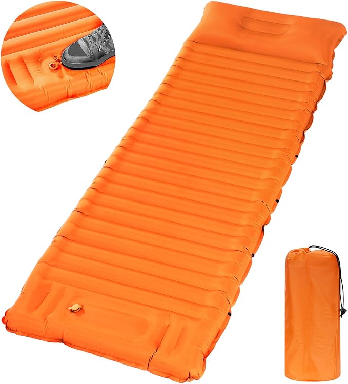 40D Self-Inflating Camping Pad, Insulated Ultralight Sleeping Mat for Backpacking, Winter Camping, 2-Layer Anti-Leak Design w/Built-in Pillow, Foot Pump Foldable Pad, Orange Red
