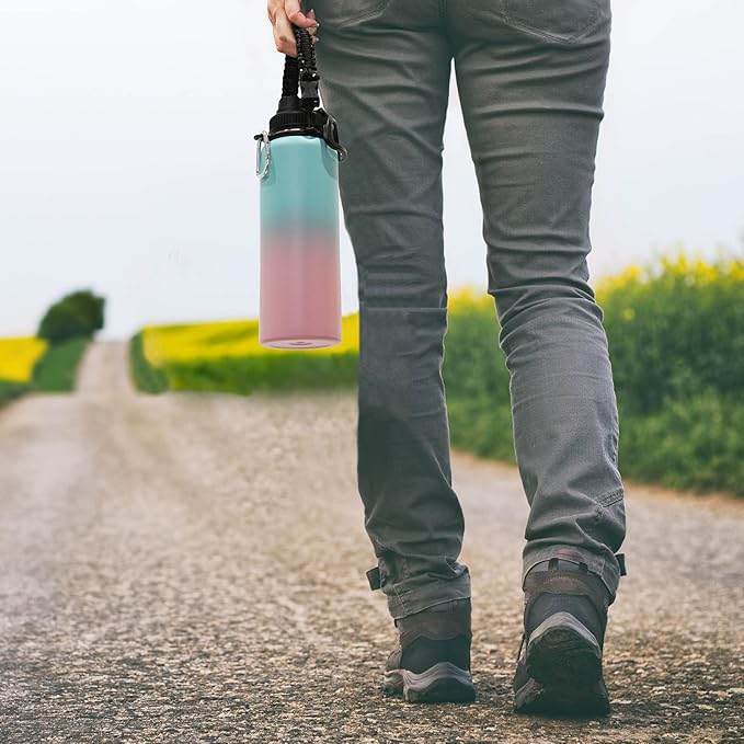 Volhoply Insulated Water Bottles Bulk 2 Pack, 40 oz Stainless Steel Sports Bottle with Paracord Handle & Spout Lid,Double Walled Vacuum Travel Water Cups with Wide Mouth Hiking(Green Pink,2 Set)