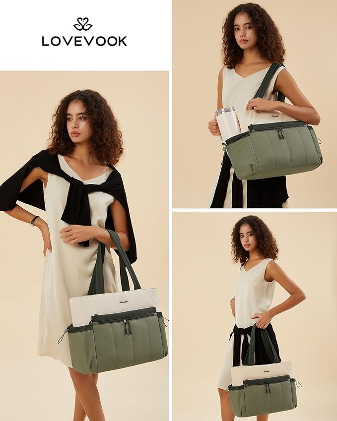 LOVEVOOK Puffer Bag for Women, Ultra-Lightweight Work Tote with Organized Compartments, 15.6/17.3“, Travel Carry-on & Gym Bag