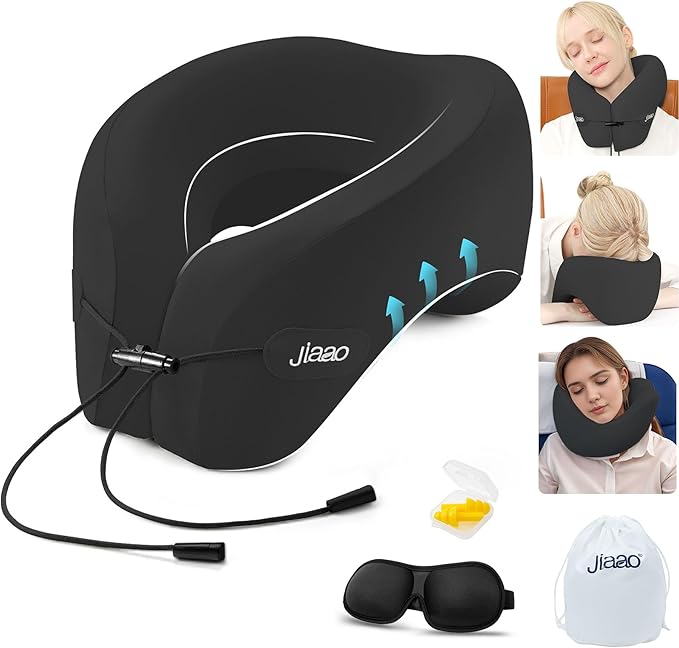 Neck Pillow Airplane, 2025 Upgraded Memory Foam Travel Pillow for International Flights, Adjustable Clasp, Storage Bag, Advanced Neck Support for Road Trips, Home, Office, and Gaming