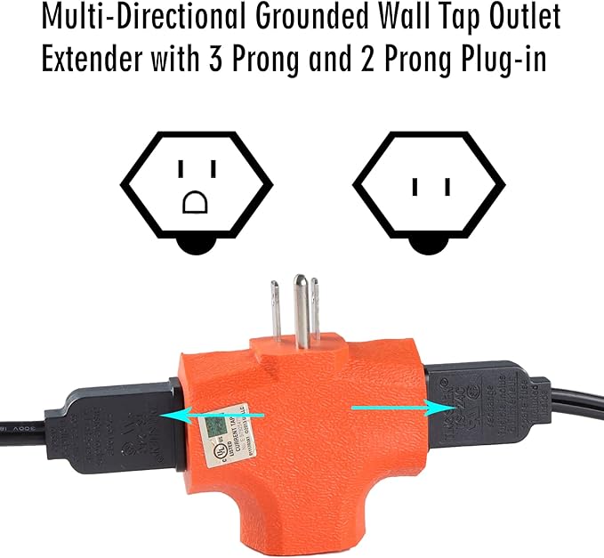 3 Way Plug Adapter - UL Listed - Outdoor Outlet Splitter 3 Prong - Electrical Outlet Extender, Wall Outlet Expander, Outdoor Heavy Duty Triple Plug Outlet Adapter