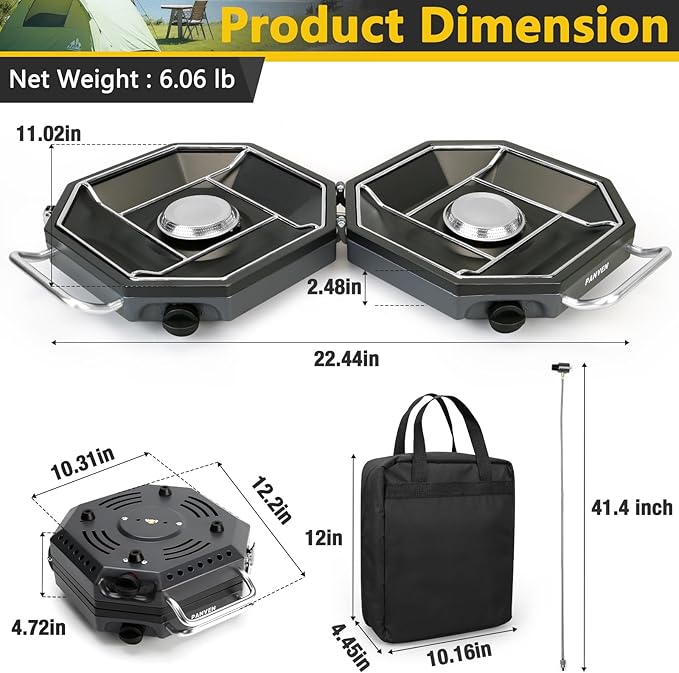 Camping Stove Propane, 2 Burner Camp Stove, 20,000 BTU Propane Camping Stoves, Portable Gas Stove with Windscreen, Storage Bag, Regulator for Picnic, BBQ, Tailgating