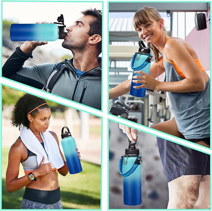Stainless Steel Water Bottle 40oz - Insulated Water Bottle with Straw & Spout Lids, Survival Paracord, Strap Sleeve, Protective Cup Mat, Wide Mouth Thermo Jug Flask for Sports Gym or Office