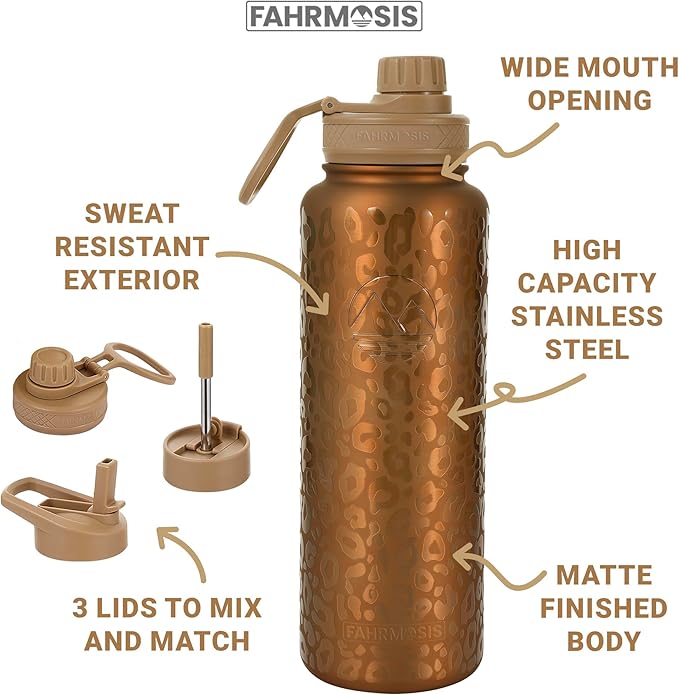 40 Oz Water Bottle with Straw Stainless Steel Sports Water Bottle with 3 Lids (Straw, Chug and Flip Lid) Insulated Leak Proof Metal Jug for Men & Women - Gold Leopard