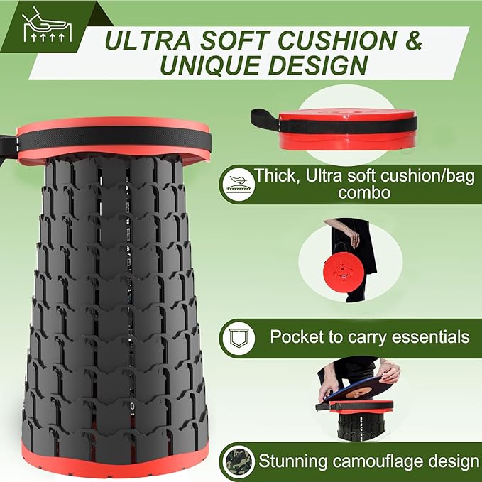 ALEVMOOM 2025 Upgraded XXL Collapsible Stool with Cushion 19.7",1000lbs Max Weight,Wider & Taller Pop Up Seat, Heavy Duty Portable Retractable Folding Stool for Camping & Outdoors (Red)
