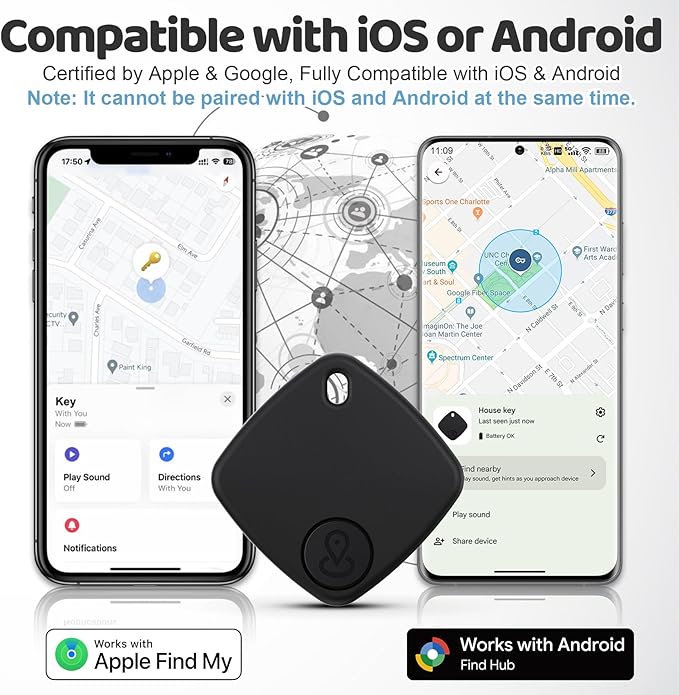 Air Tracker for Android or iOS, 4 Pack Dual System Android Smart Tracker Tags Compatible with iOS Find My or Google Find Hub App, Bluetooth Tracker Key Locator with Sound for Luggage, Bags,Wallet