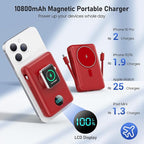 Magnetic Portable Charger for iPhone with Built-in Cables, 6-in-1 10800mAh Power Bank with iWatch Charger & LCD Display,25W Fast Charging Battery Pack for iPhone 16/15/14/13/12,Apple Watch (Red)