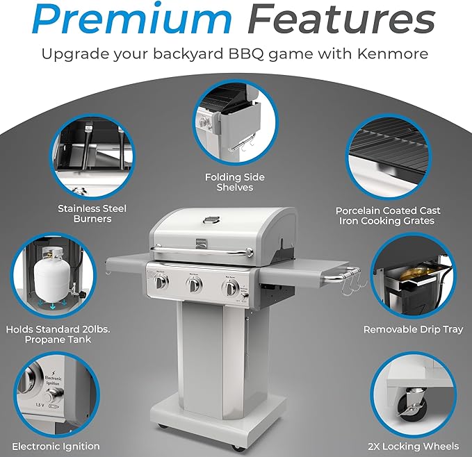 Kenmore 3-Burner Propane BBQ Grill, 30,000 BTUs Gas Grill with Cast Iron Cooking Grates, Folding Side Tables & Wheels, Outdoor Grill with Tool Hooks, Pearl White + Bonus Cover