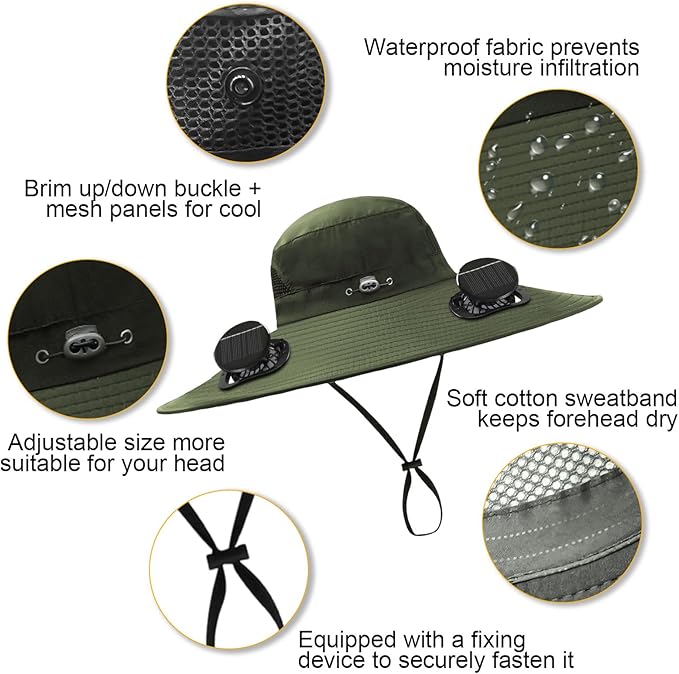 Outdoor Wide Brim Sun Hat with 2 Solar Fan for Men Women UPF50+ Outdoor Hiking Sun Protection Bucket Fishing&Cycling Hat