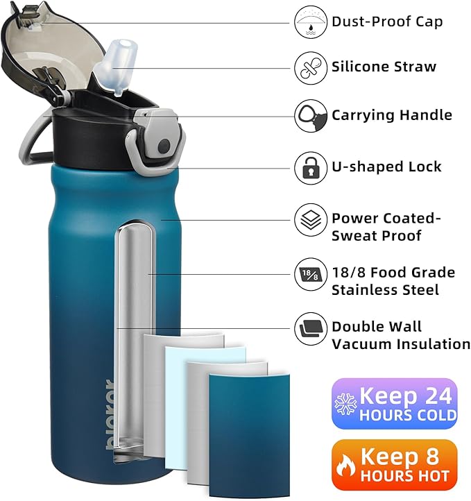 BJPKPK 18oz Insulated Water Bottle With Straw Stainless Steel Double Wall Water Bottles BPA Free Leak Proof Thermo With Lockable Flip Lid And Soft Silicone Spout,Indigo Black
