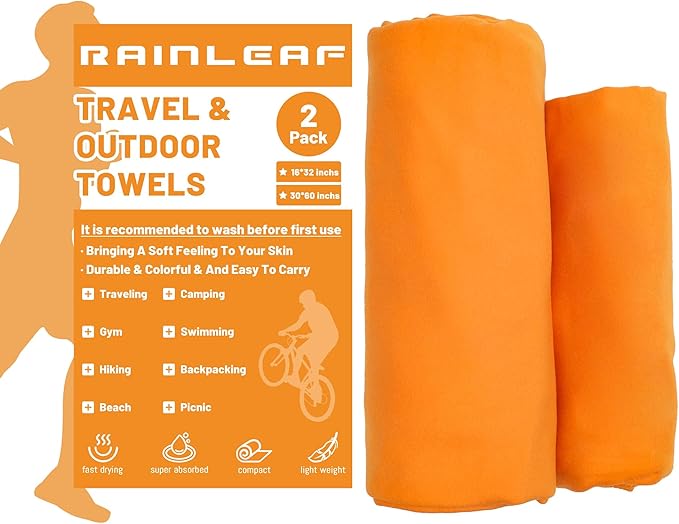 Rainleaf 2 Pack Microfiber Quick Dry Travel Towel, Super Absorbent Ultra Compact Lightweight Camping Towel for Gym, Hiking, Pool, Yoga - Orange
