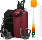 Insulated Water Bottle 128oz,Triple Wall Vacuum Stainless Steel(Dishwasher Safe),Leak Proof & Non-BPA,Flask Jug with Paracord Handle & Straw Spout Lids Sports Red