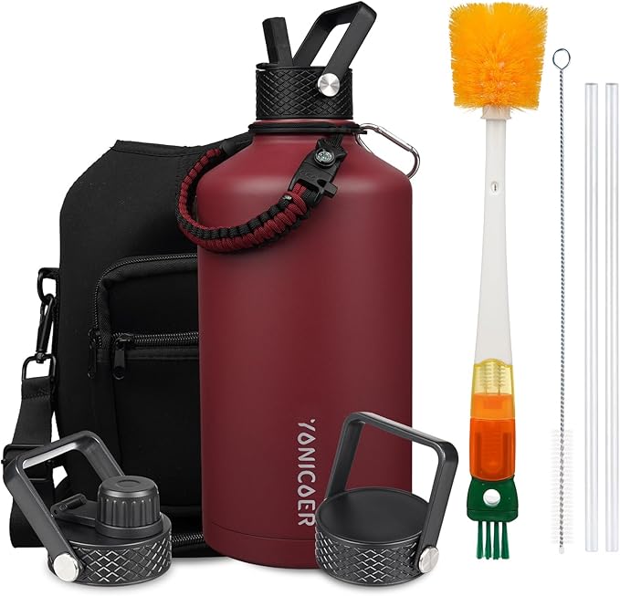 Insulated Water Bottle 128oz,Triple Wall Vacuum Stainless Steel(Dishwasher Safe),Leak Proof & Non-BPA,Flask Jug with Paracord Handle & Straw Spout Lids Sports Red