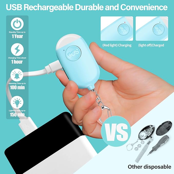 Hion Personal Safety Alarm for Women, Rechargeable 130dB Self Defense Alarm Keychain with LED Flashlight, Emergency Safe Sound Security for Children Elderly College Girls Men, Blue