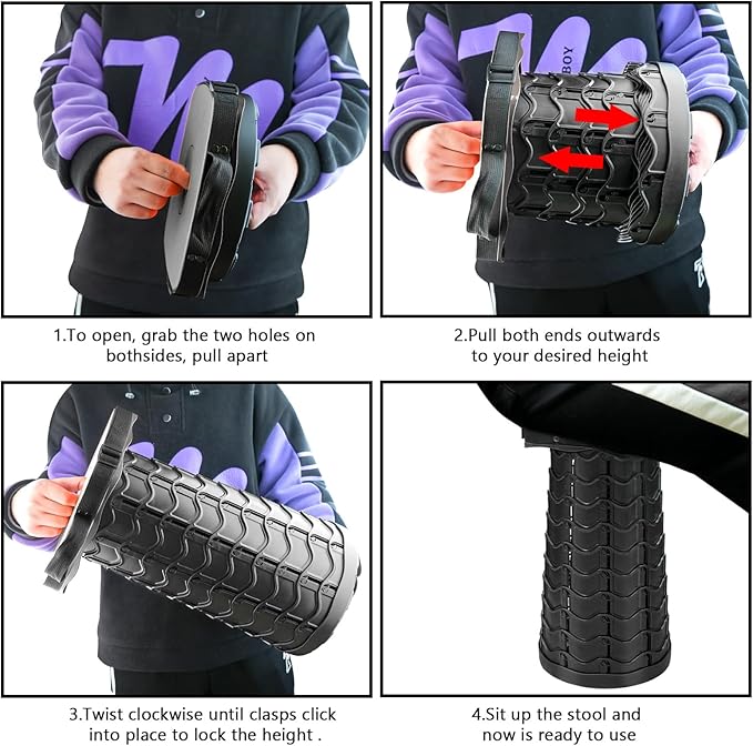 Upgraded Folding Stool Heavy Duty 550lbs Load Capacity Collapsible Portable Sturdy Telescopic Stool for Camping Travel Hiking (Black)