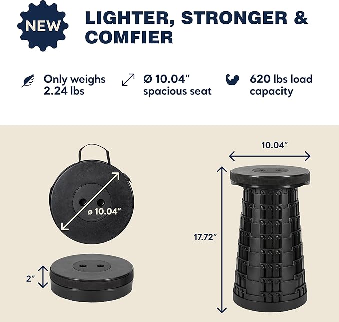 Upgraded Collapsible Stool 2-Pack, 620lbs Max Weight, Lightweight Yet Sturdy, Portable Retractable Foldable Telescoping Camping Stool for Adults Outdoor Fishing Hiking Travel BBQ