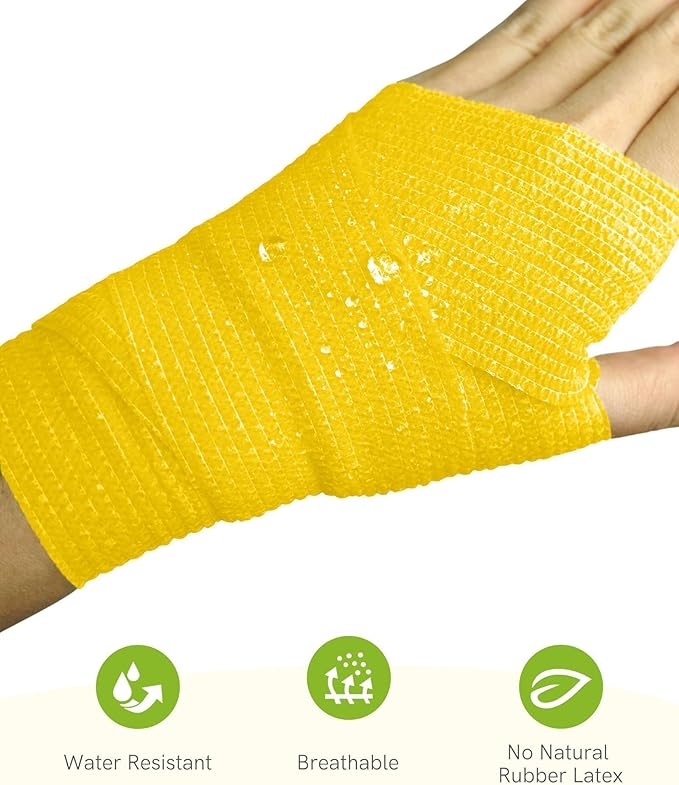 FriCARE Self Adhesive Bandage Wrap, Medical Tape in First Aid Kit, Cohesive Bandages for Wounds Sport Vet, 2 Inches X 5 Yards 6 Rolls, Yellow