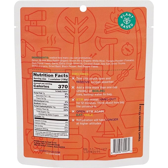 GOOD TO-GO Pasta Marinara (Single Serving) |Camping & Backpacking Food | Just Add Water Backpacking Meals | Good To-Go Dehydrated Meals Taste Better Than Freeze Dried Food
